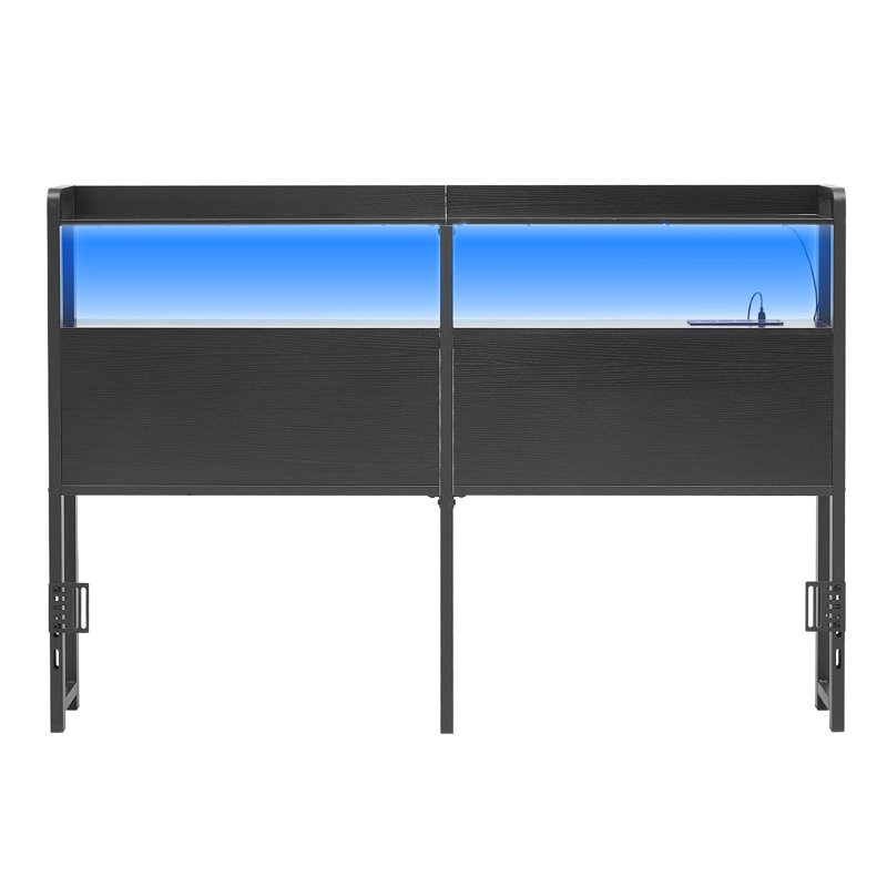 Tête de lit pour lit très grand, avec 2 tablettes de rangement, lumière DEL, 3 prises et 3 ports USB, tête de lit en acier au carbone robuste et stable avec station de charge, hauteur réglable, noir