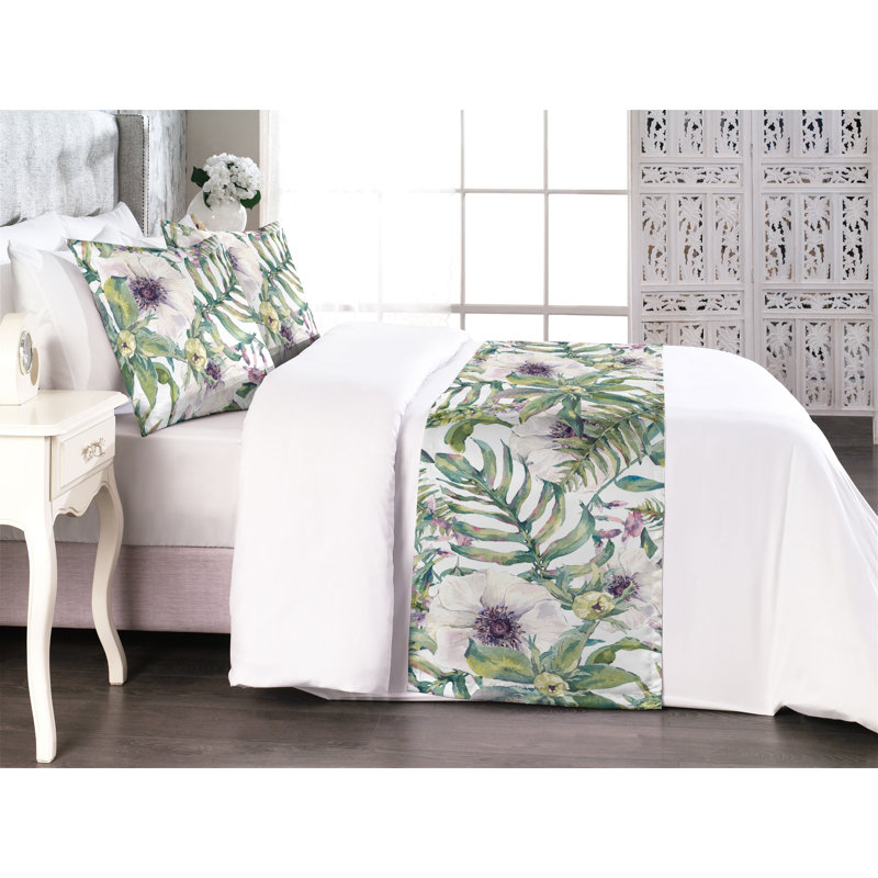 Ambesonne Tropical Bed Runner Set Palm Leaves Lupine Anemone Pale Olive Green and Quartz, King