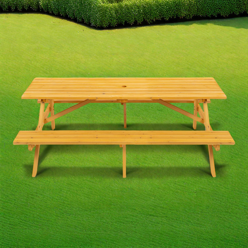 8-Person Wooden Picnic Table with Built-In Benches and Umbrella Hole, Yellow