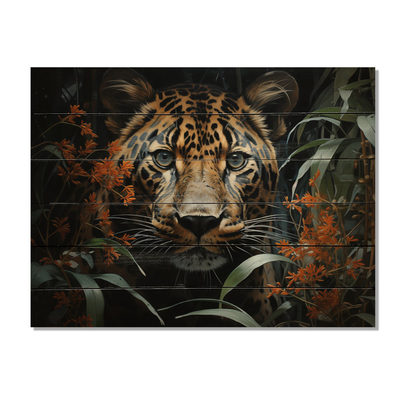 Léopard silencieux, tige II sur bois, H 10 po x l 20 po x P 0,78 po