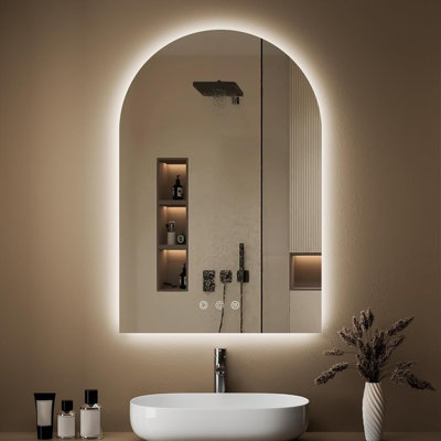 Miroir de salle de bain arqué à DEL 24 po x 36 po en bronze huilé avec éclairage antibuée, intensité variable, 3 températures de couleur, capteur tactile et verre trempé incassable