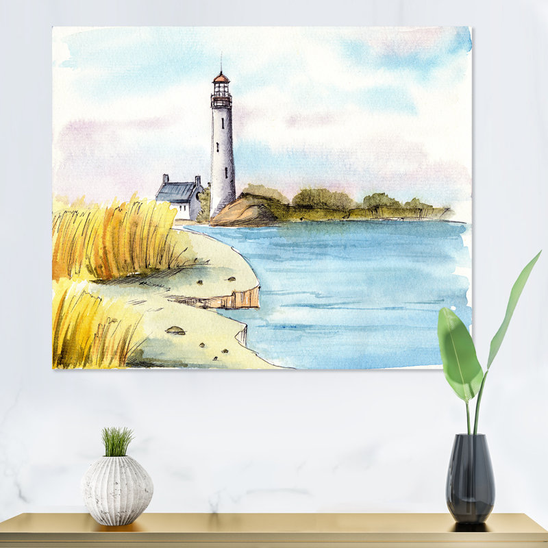 Phare sur un bord de mer lointain - Peinture sur toile, H 24 po x l 32 po, Toile tendue