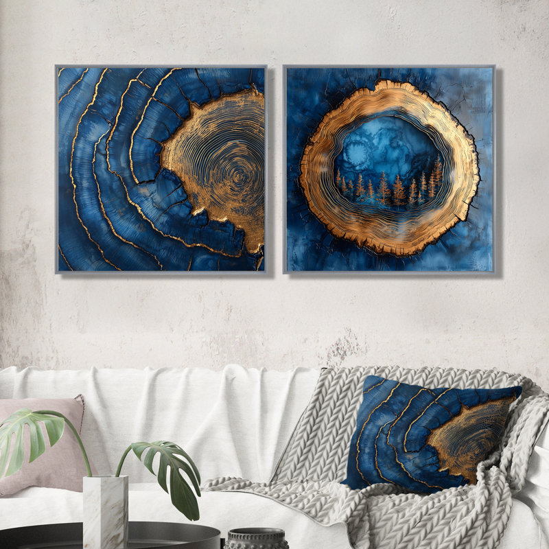 Glissade en bois saphir doré doré veines I - forêt, décoration murale - art mural traditionnel 2 pièces, H 16 po x l 33 po