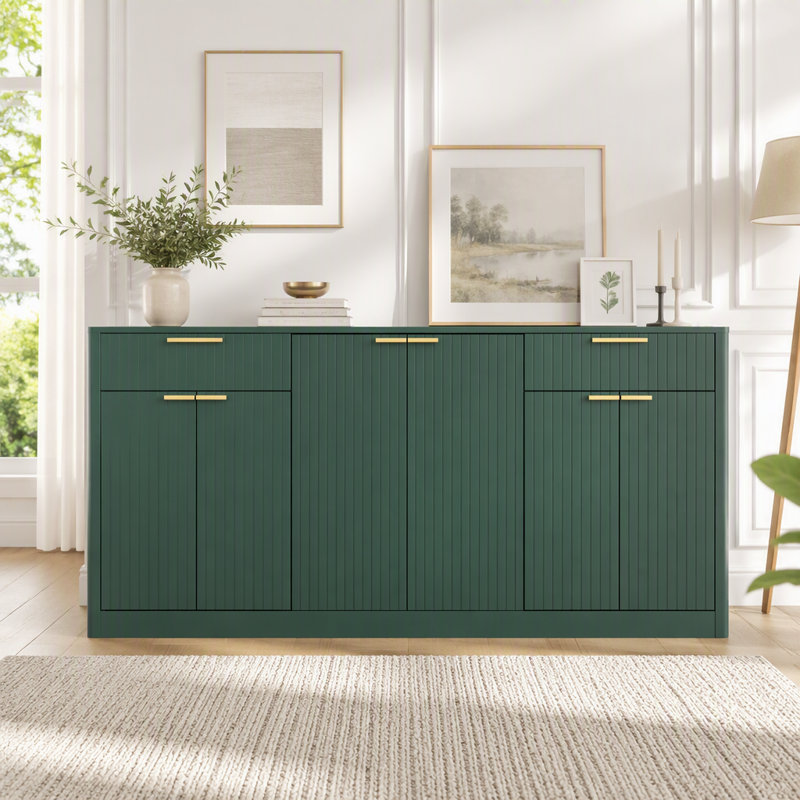 Grand buffet cannelé à 6 portes et 2 tiroirs, Vert foncé