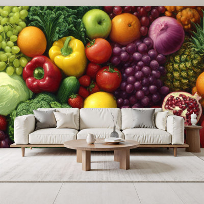 Peel and Stick Wallpaper Fruit Vegetables Canvas Colorful Food Painting Kitchen Dining Room Wall Murals 69"H x 96"W Removable PVC Wall Paper Self-Adhesive Wall Decor for Bedroom Living Room Home Office