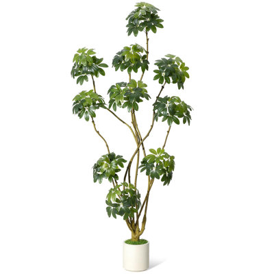 6.9FT Artificial Umbrella Schefflera Tree, Multi-Trunk Faux Floor Plant, White Planter