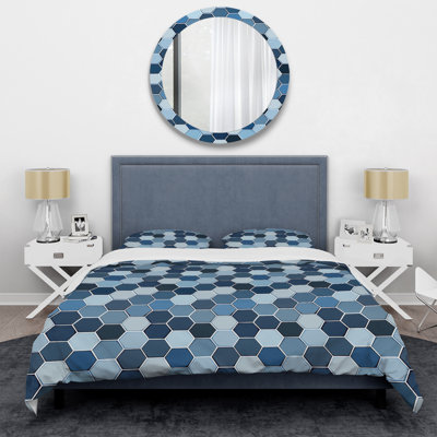 Ensemble de housse de couette moderne à motif hexagonal blanc et bleu
