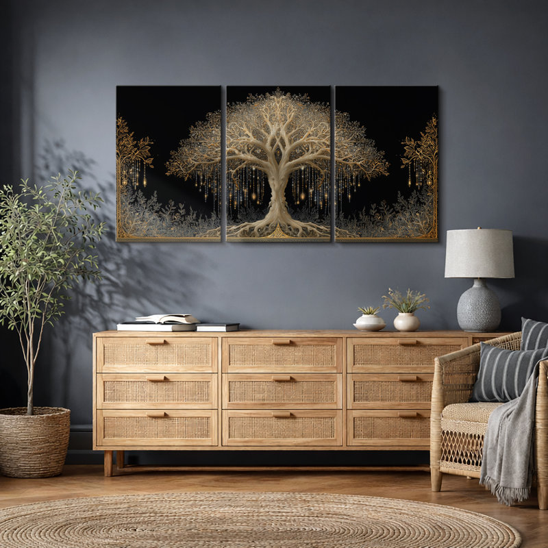 Arbre doré de la vie sur fond noir - reproduction d'art sur toile encadrée, H 24 po x l 48 po, Toile tendue
