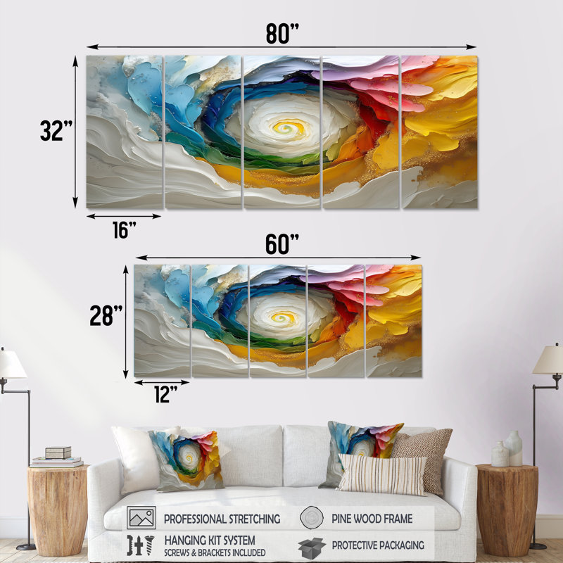 Blanc et couleurs Vortex Of Life II - Ensemble de décorations murales spirales abstraites, H 32 po x l 80 po