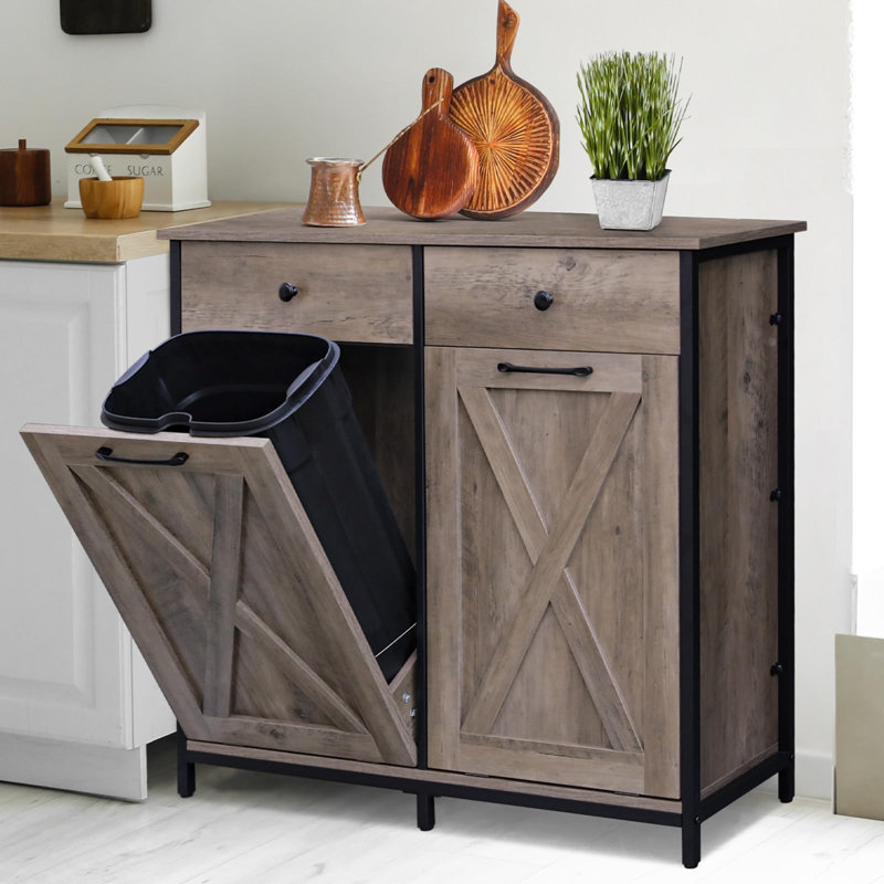 Freestanding Tilt-Out Trash Cabinet With Cutting Board - White Kitchen Garbage Station With Hidden Storage