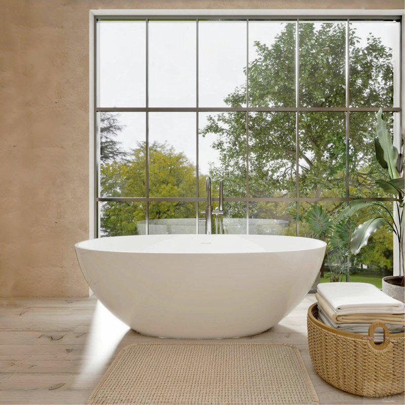 65" Freestanding Solid Surface Bathtub, Luxury Handcrafted Stone Resin Freestanding Soaking Bathtub With Overflow And Pop-Up Drain, Glossy White 
