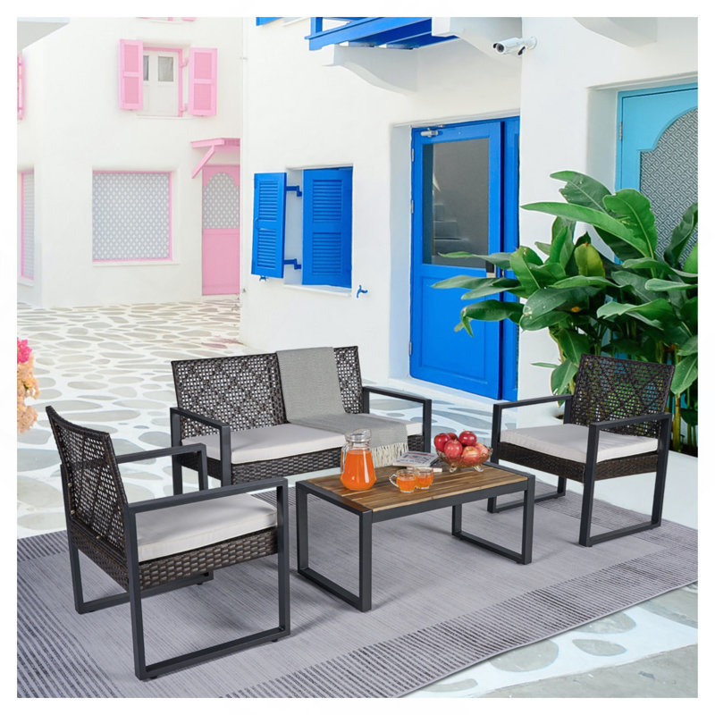 Ensemble de meubles de patio 4 pièces pour balcon, véranda, jardin, jardin, jardin, pelouse, plateau en bois d'acacia, coussin brun et beige Morden
