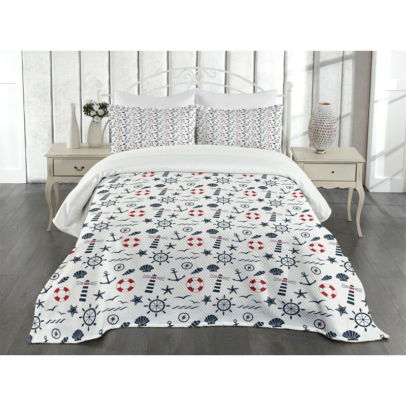 Ambensonne Lighthouse Bedspread Nautical Wave Helms Indigo Red White, King Coverlet/Bedspread + 2 Pillow Shams