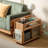 27.9"W Solid Oak Modern Moible End Table with Fluted Glass Doors, Wheels-1885166555