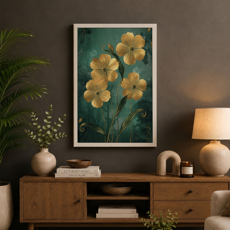 Golden Flowers in Bloom Botanical - Wrapped Canvas, 18x12 - 45.7 x 30.5 cm, Teal Border
