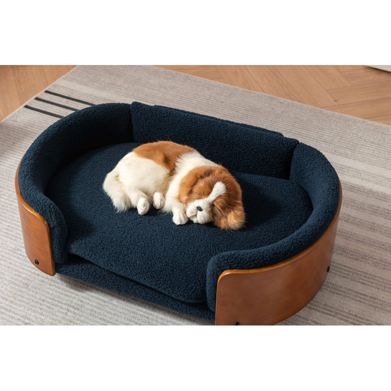 Velvet Dog Bed Pet Sofa With Solid Wood legs and Bent Wood Back, 9.85" H x 30.7" W x 20.08" D, Dark Gray/Natural