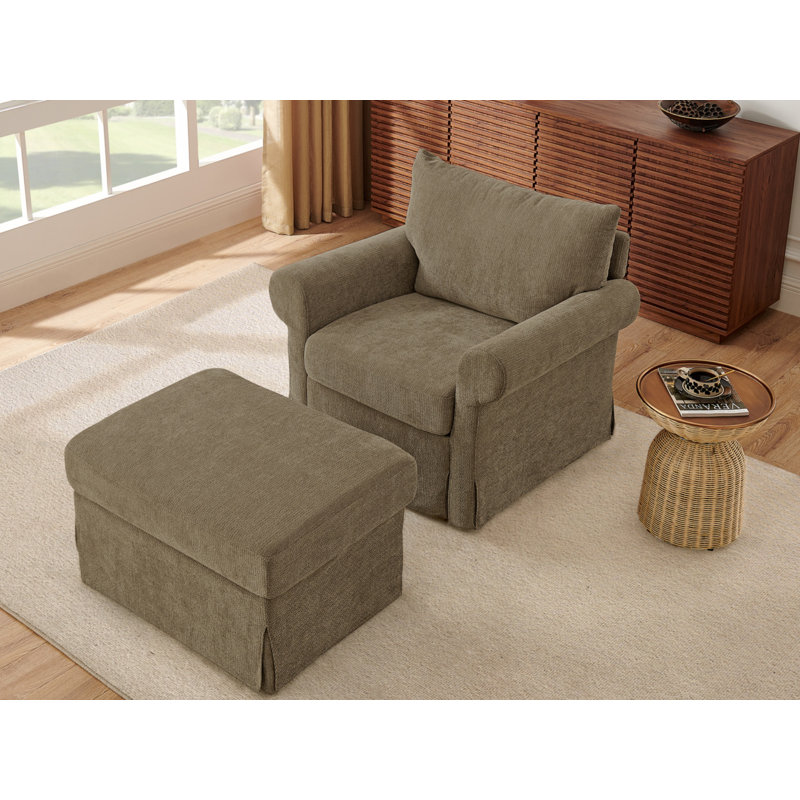36"Chenille Accent Chair with Ottoman,  Vintage Style Lounge Chair, Brown