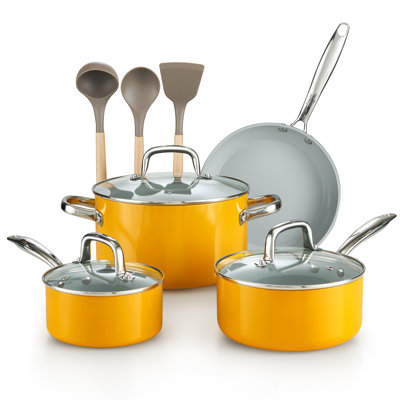 Ensemble de batterie de cuisine antiadhésive, casseroles et poêles avec couvercles en verre et poignées confortables Cook N Home Classic, compatible avec induction, 10 pièces, jaune