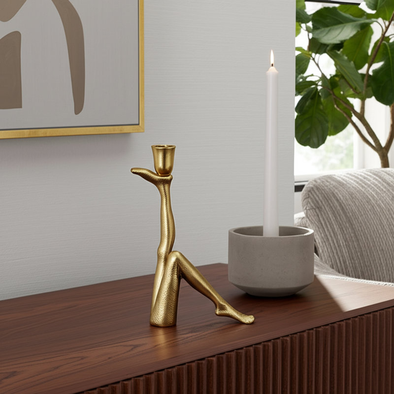 Modern Candle Holder with Sculptural Legs – Decorative Candle Holders for Dining Table Centerpiece, Shelf Decor, Home Office, or Entryway Accent – Unique Tabletop Candle Holder for Contemporary Home Styling – Gold