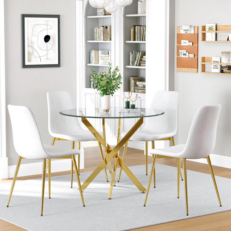 Round Glass Dining Table Set, 36" Clear Tempered Glass Tabletop With 4 Velvet Dining Chairs(Set Of 5), Gold/White/Gold