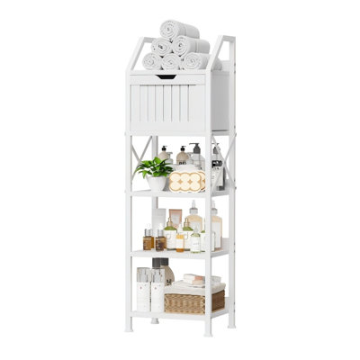 5-Tier Bathroom Storage Organizer Rack with Wood Drawer