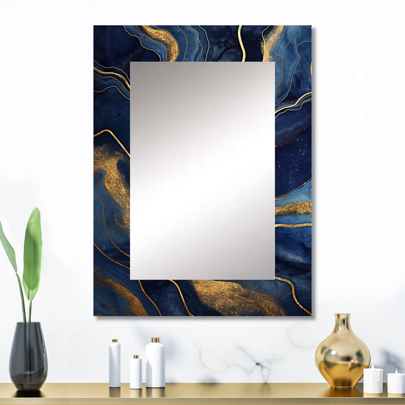 Bleu et or abstrait Marble Mirage II - miroir décoratif en marbre, grand miroir mural moderne, impression d'art en métal