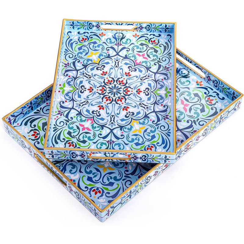 Boho Floral Decorative Plastic Serving Tray With Handles, Rectangle Tray For Coffee Table, Ottoman, And Home
