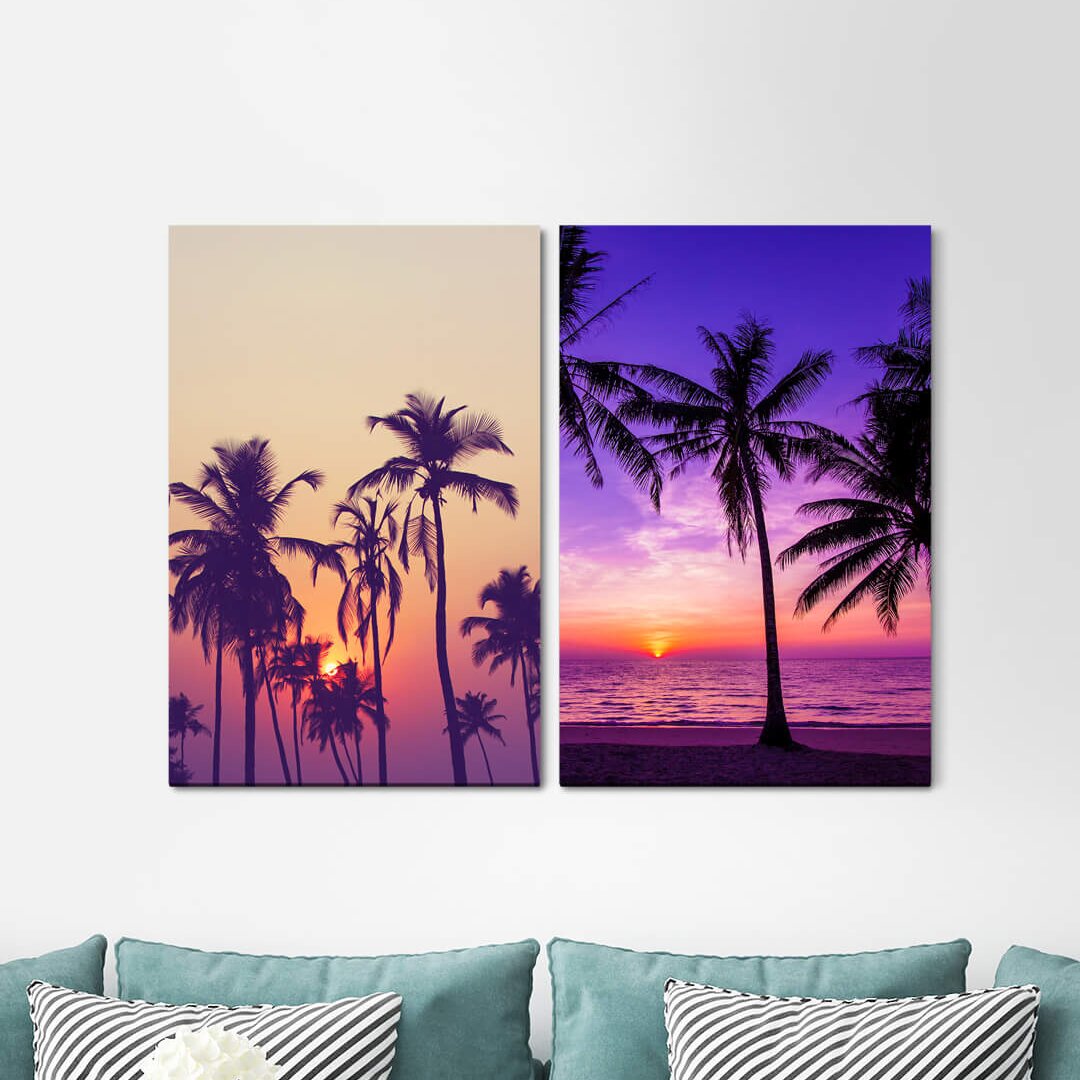 2-tlg. Leinwandbilder-Set - Fotografie „Palms Paradise Pink Sea Dreamlike South Sea Relaxing Dream Beach”