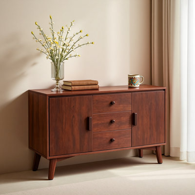 Buffet 47,3 "Mid Century Modern Buffet, armoire de cuisine avec pieds en bois massif et poignée en bois, armoire de rangement avec 2 portes et 3 tiroirs