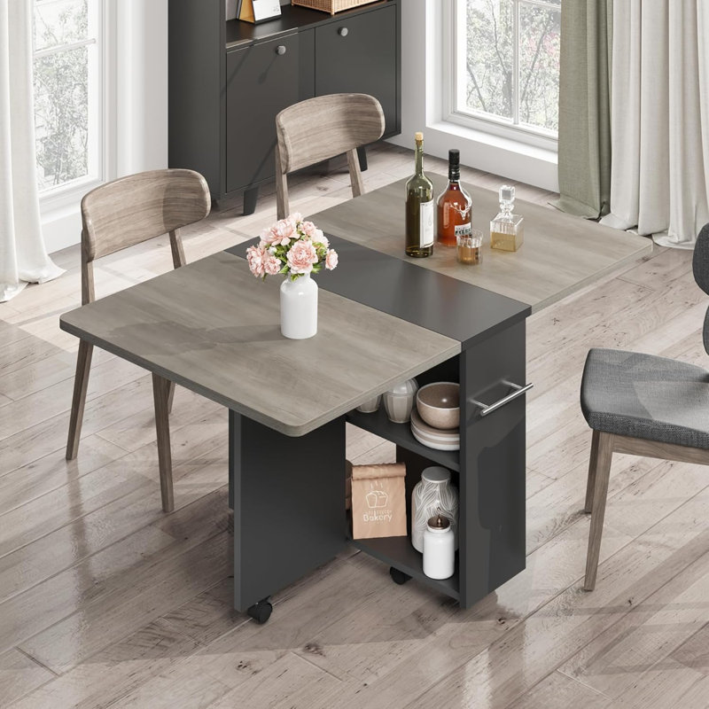 Table de salle à manger à rallonge rabattable avec tablette de rangement à 2 niveaux et 6 roulettes verrouillables, pour 4 à 6 personnes, bureau pliable peu encombrant pour la cuisine, la salle à manger et le petit appartement, gris Carlo