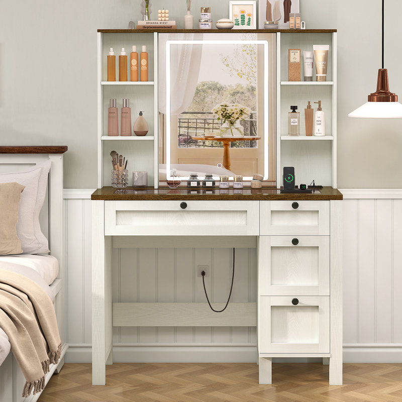 Bureau de meuble-lavabo avec plateau en verre, 4 tiroirs et 6 tablettes, Brun / beige