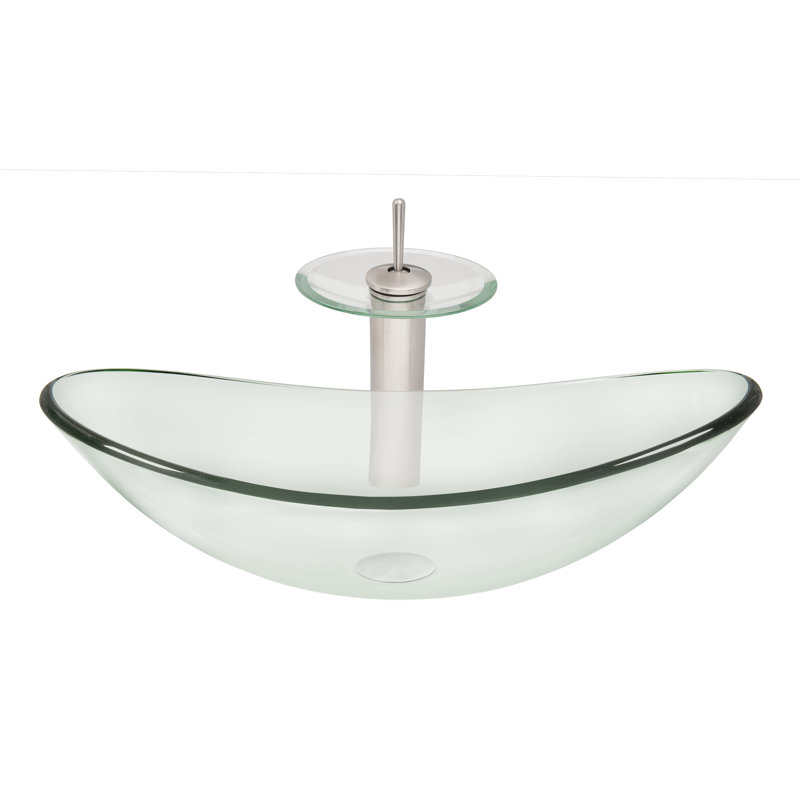 Novatto 14.5'' Glass Oval Bathroom Sink with Faucet, Clear Brushed Nickel
