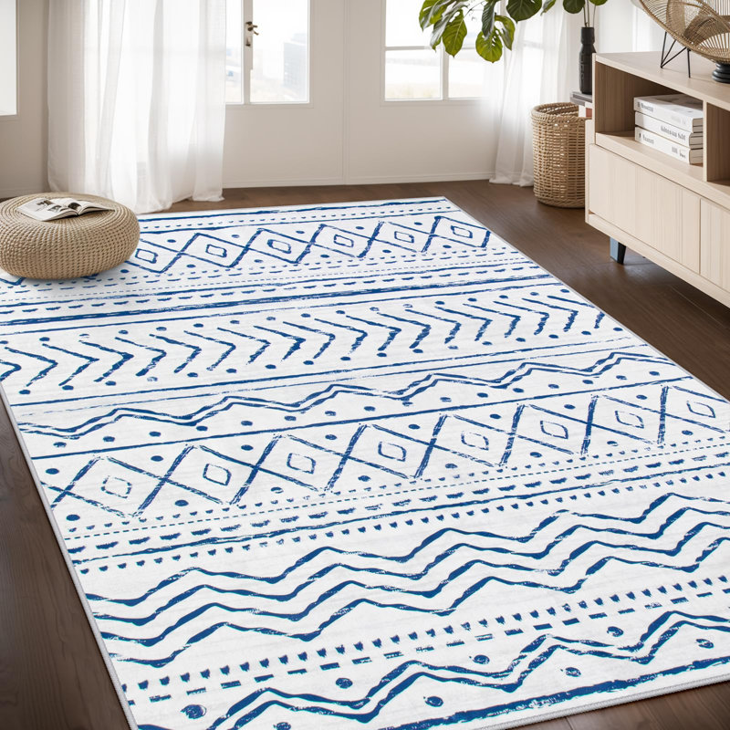 Tapis marocain à rayures Tribal, Rectangulaire 4 pi x 6 pi, Bleu / Rose