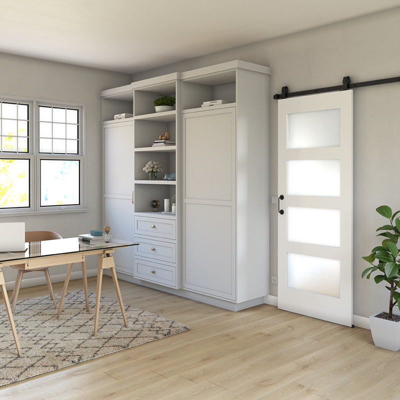 White Primed Pine Wood Frosted Glass Barn Door Slab