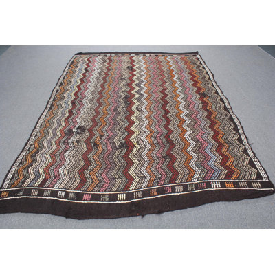 Grand tapis turc rétro Oushak avec pampilles en laine brune, idéal pour le salon