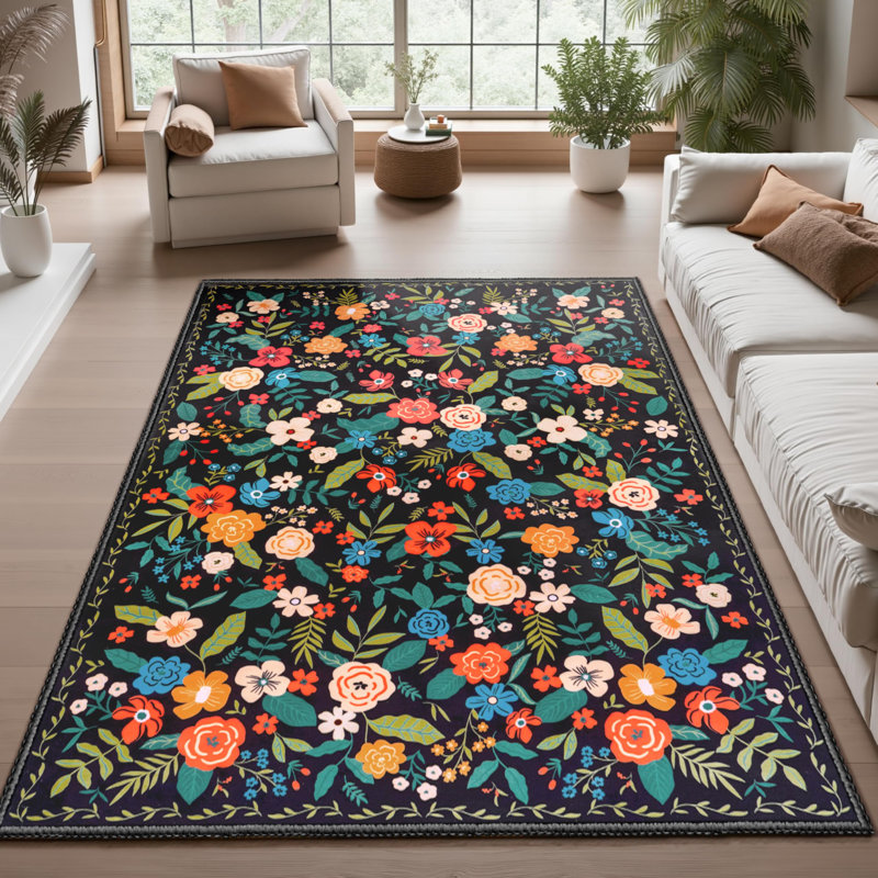 Tapis lavable antidérapant de 5 pi x 7 pi avec revers en caoutchouc et grand tapis floral Boho pour chambre d'enfant
