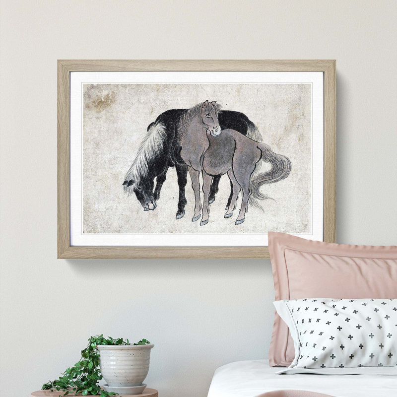 Two Horses by Katsushika Hokusai - Framed Print, 48cm H x 65cm W x 2cm D, Oak Framed