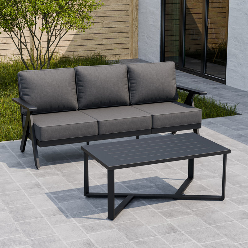3- Person Outdoor Seating Group- Patio Sofa Couch with Coffee Table, Gray