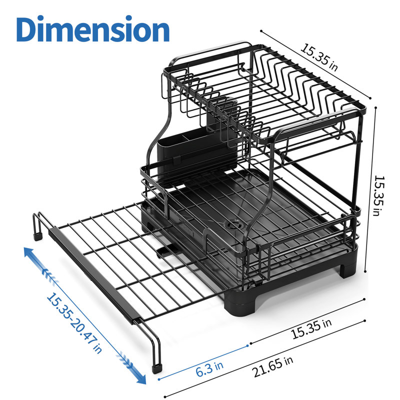 Extendable Dish Drying Rack, 2-Tier Stainless Steel Dish Rack, Large Expandable Dish Drainer Over Sink