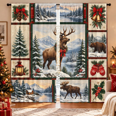 Rideaux en patchwork de Noël 2 pièces, avec des élans, des orignaux, des ours, des pommes de pin, des lanternes, des flocons de neige, des arbres d'hiver et des scènes de chalet, un tissu filtrant la lumière, une protection de la vie privée, un passe-tringle, lavable à la machine, convient au salon, à la chambre à coucher