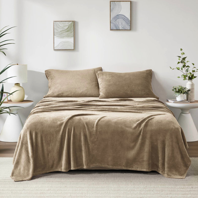 Grand drap 4 pièces en taupe - 100% ultra doux et ajusté 2 taies d'oreiller brossées des deux côtés en velours lavable à la machine