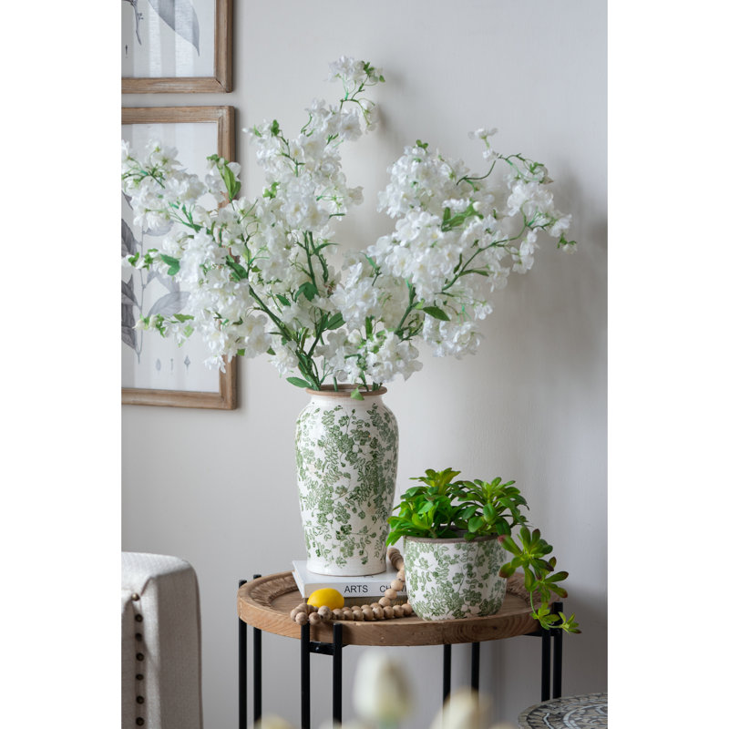 Vase à fleurs en céramique blanche avec motif floral vert, H 11,6 po x l 6,5 po x P 6,5 po