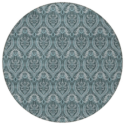 8' Round Teal Round Damask Washable Non Skid Indoor Outdoor Area Rug