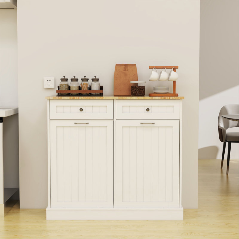 Armoire poubelle de cuisine à deux tiroirs et deux compartiments basculants - blanc, Blanc