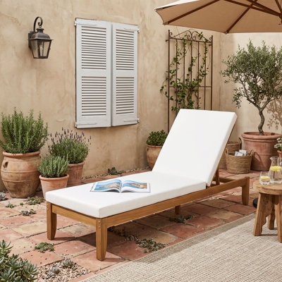 Outdoor Acacia Wood Chaise Lounge with 4-Position Adjustable Backrest and Waterproof Cushions for Poolside, Garden