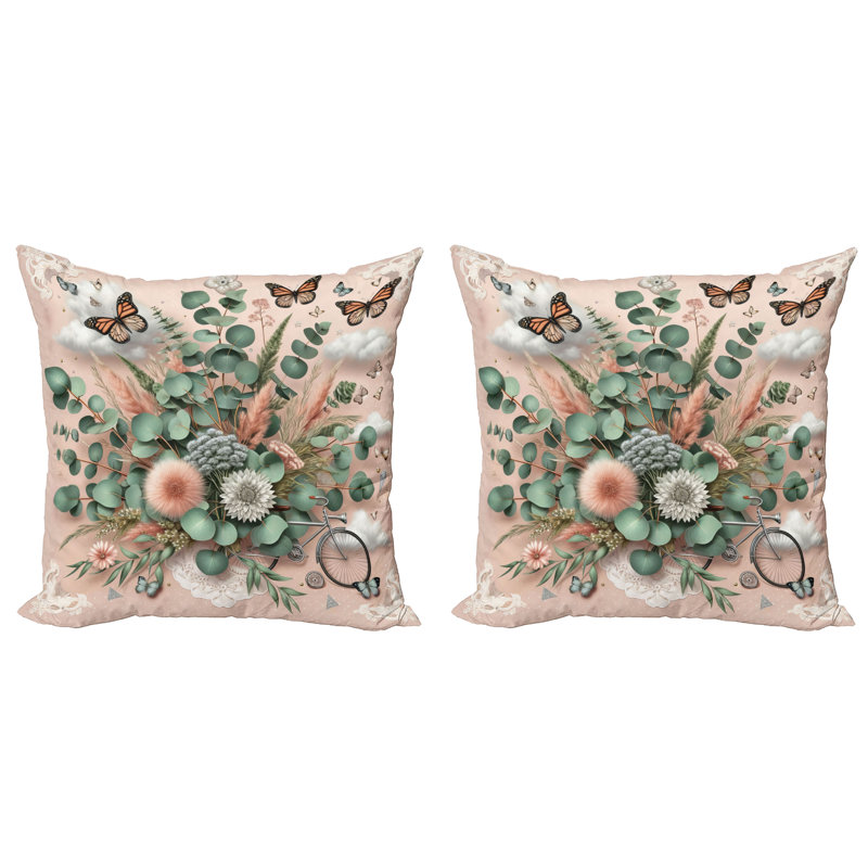 Pale Rose and Laurel Green Floral Microfiber Reversible Throw Pillow Set