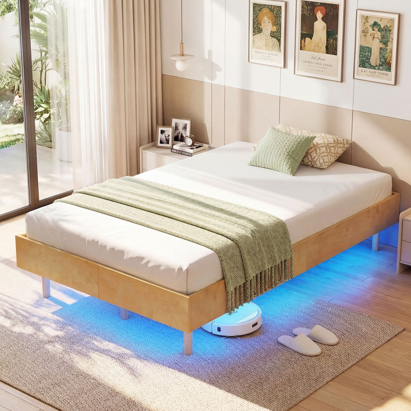 Cadre de lit flottant simple avec lumières DEL, lit plateforme moderne en bois de 12 pouces, Twin
