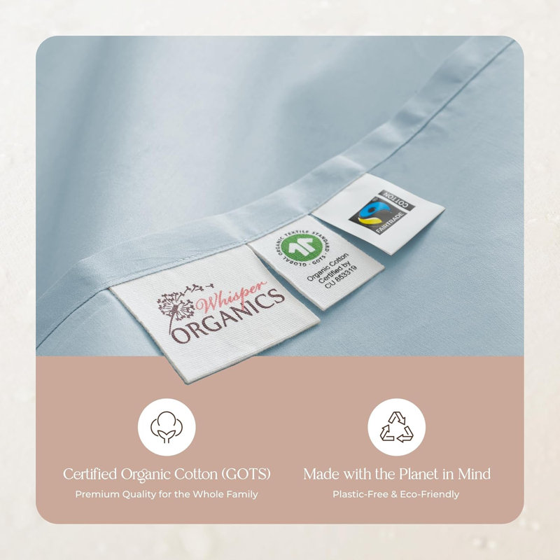 Whisper Organic Certified Organic Queen Flat Sheet Only - 100% Organic Cotton Sheets With Luxurious Soft And Breathable 300 Thread Count Sateen Weave Finish - Gots & Fairtrade Certified (Queen, Powder)