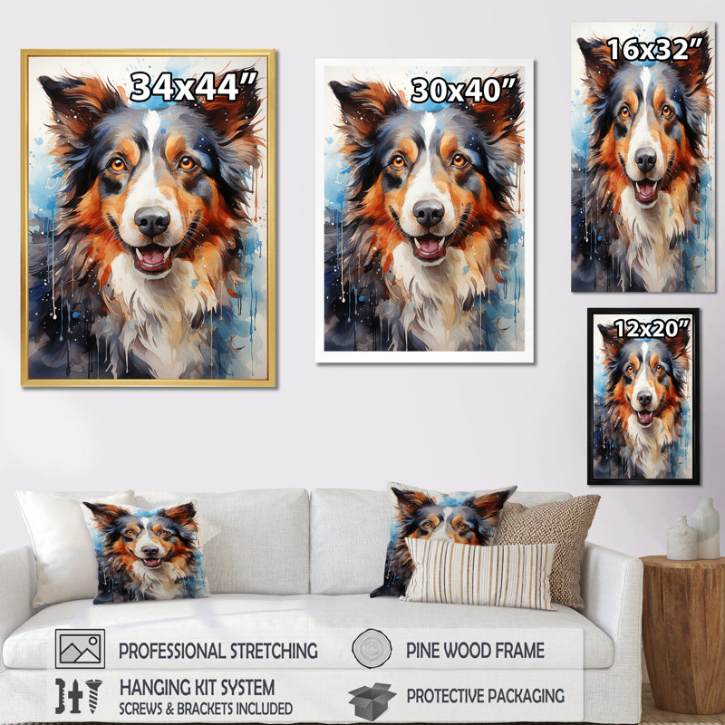 Border collie éclat sur toile, Cadre doré simple, H 32 po x l 16 po x P 1 po