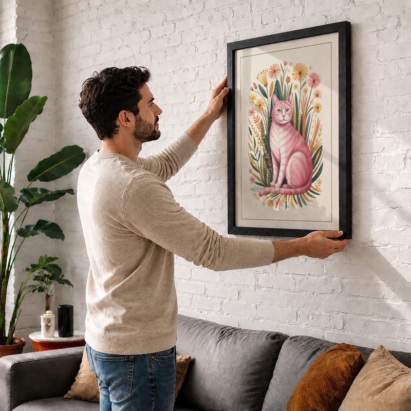 Cat in Bloom Botanical - Framed Print, A2 - 59.4 x 42.0 cm, Walnut